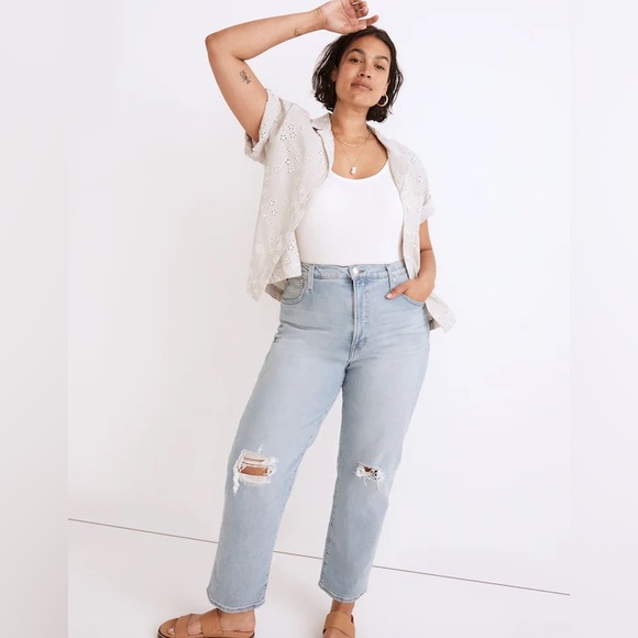 MADEWELL The Perfect Vintage Straight Jean in Danby Wash: Knee-Rip Edition - Picture 1 of 10